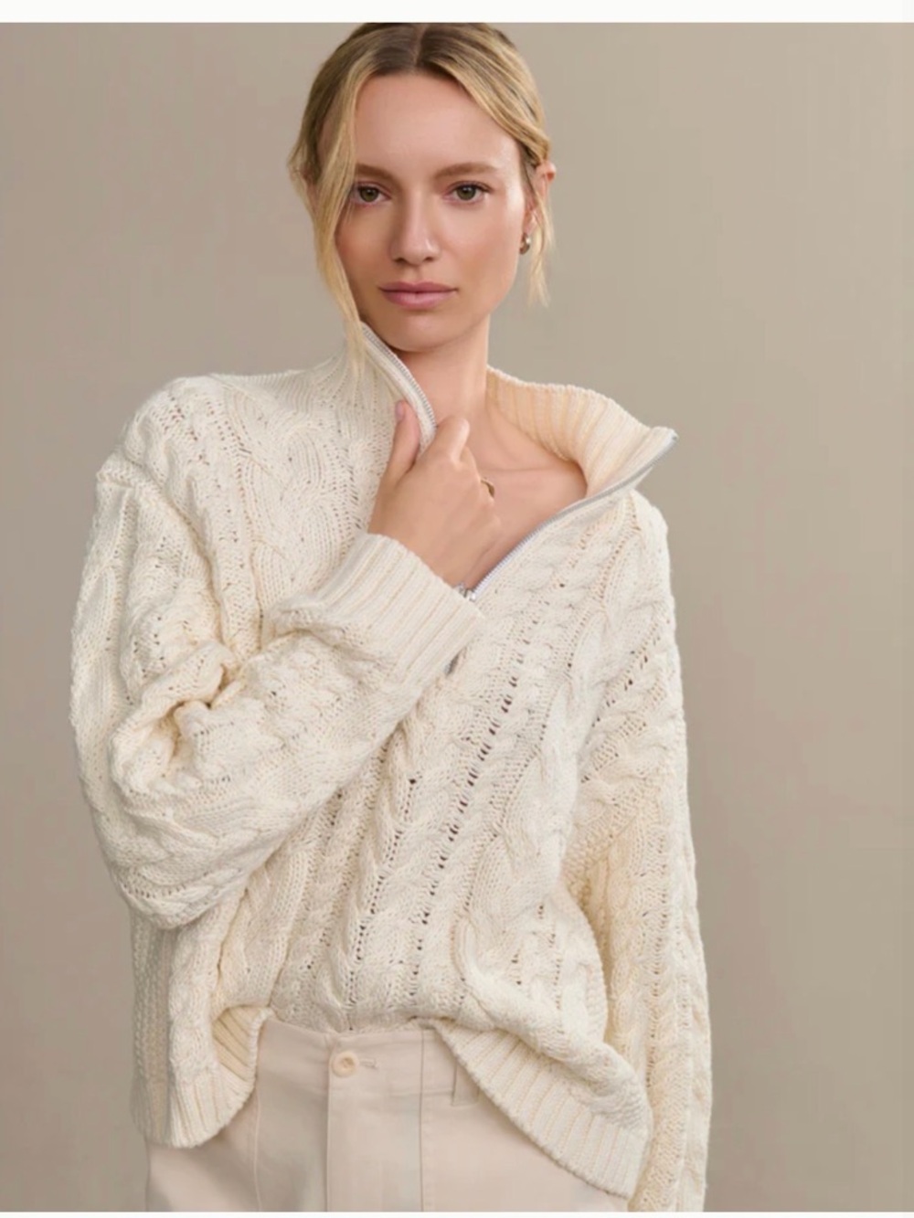 Jenni Kayne Cotton Cable Half Zip in Ivory XXL